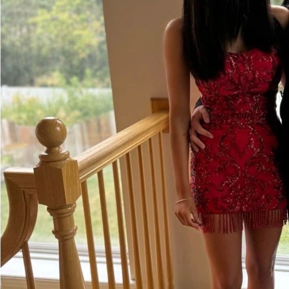Beginning Boutique Red Embellished Mini Dress